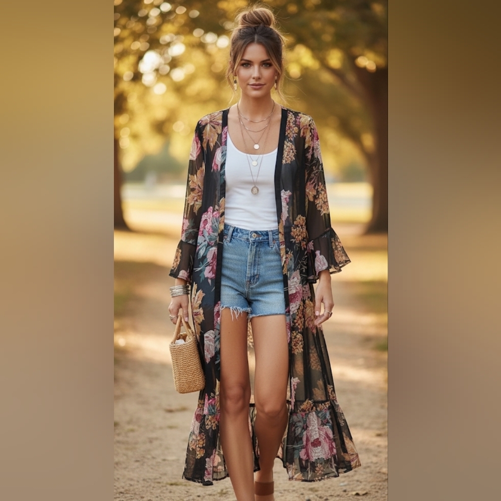 America & Beyond Floral Sheer Maxi Kimono Size M